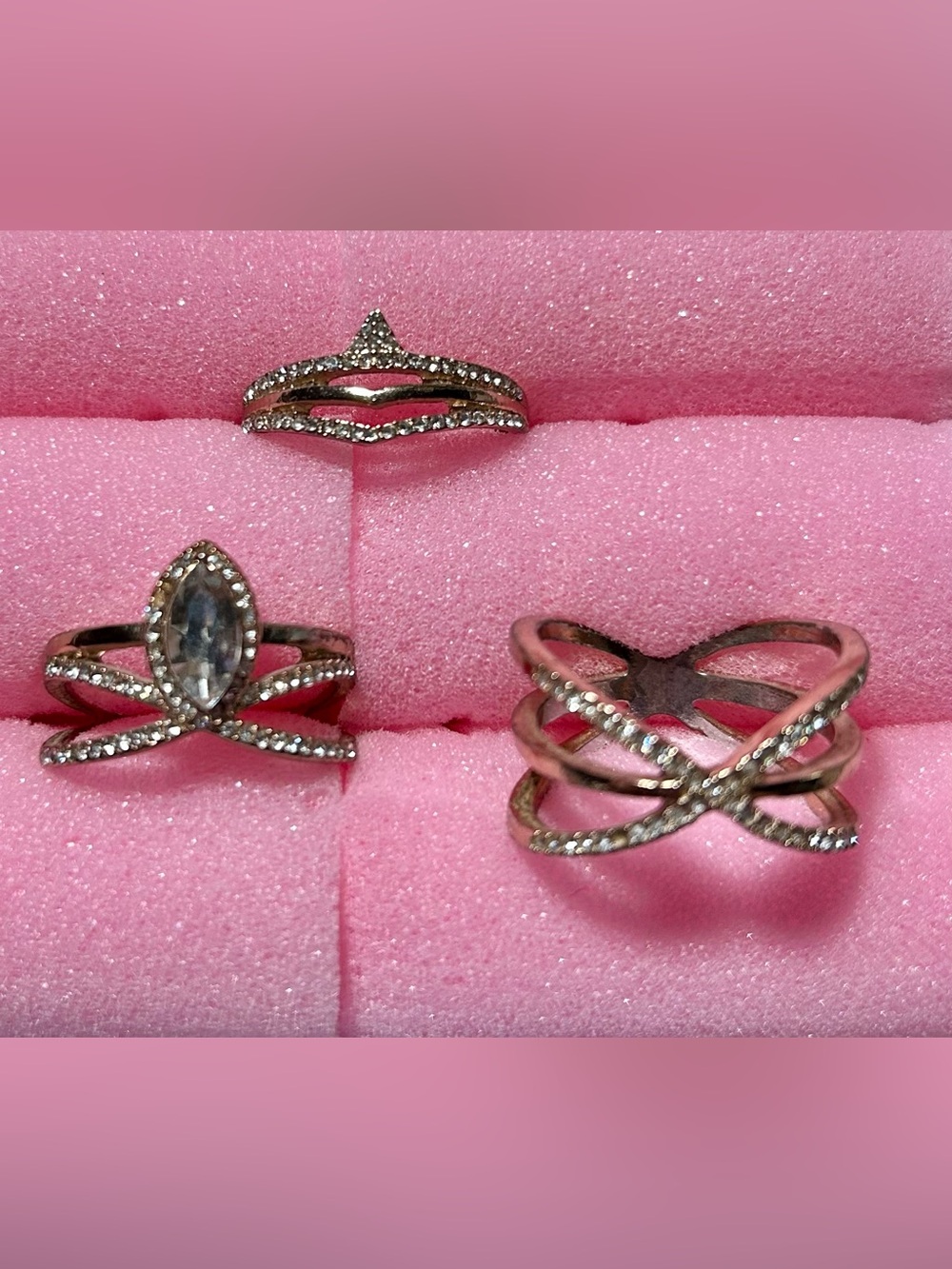 Rose Gold Crystal Stackable Ring Set – Three-Piece Women's Trio